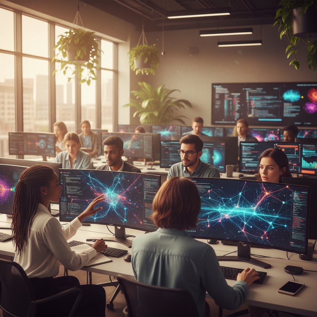 Students learning artificial intelligence and machine learning in modern classroom with computers